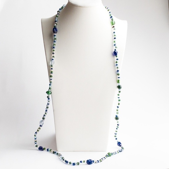 Vintage Coro Necklace Beaded Glass Long Flapper Necklace Blue Green Clear - Picture 2 of 10